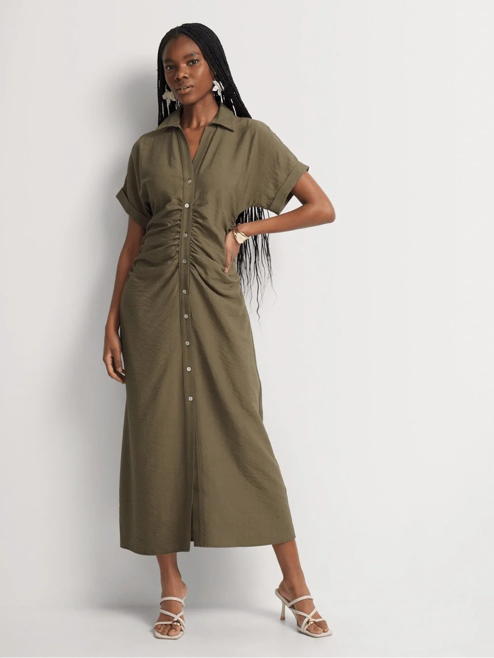 Zara Olive Button-Front Ruched Midi Dress - Picture 1 of 4